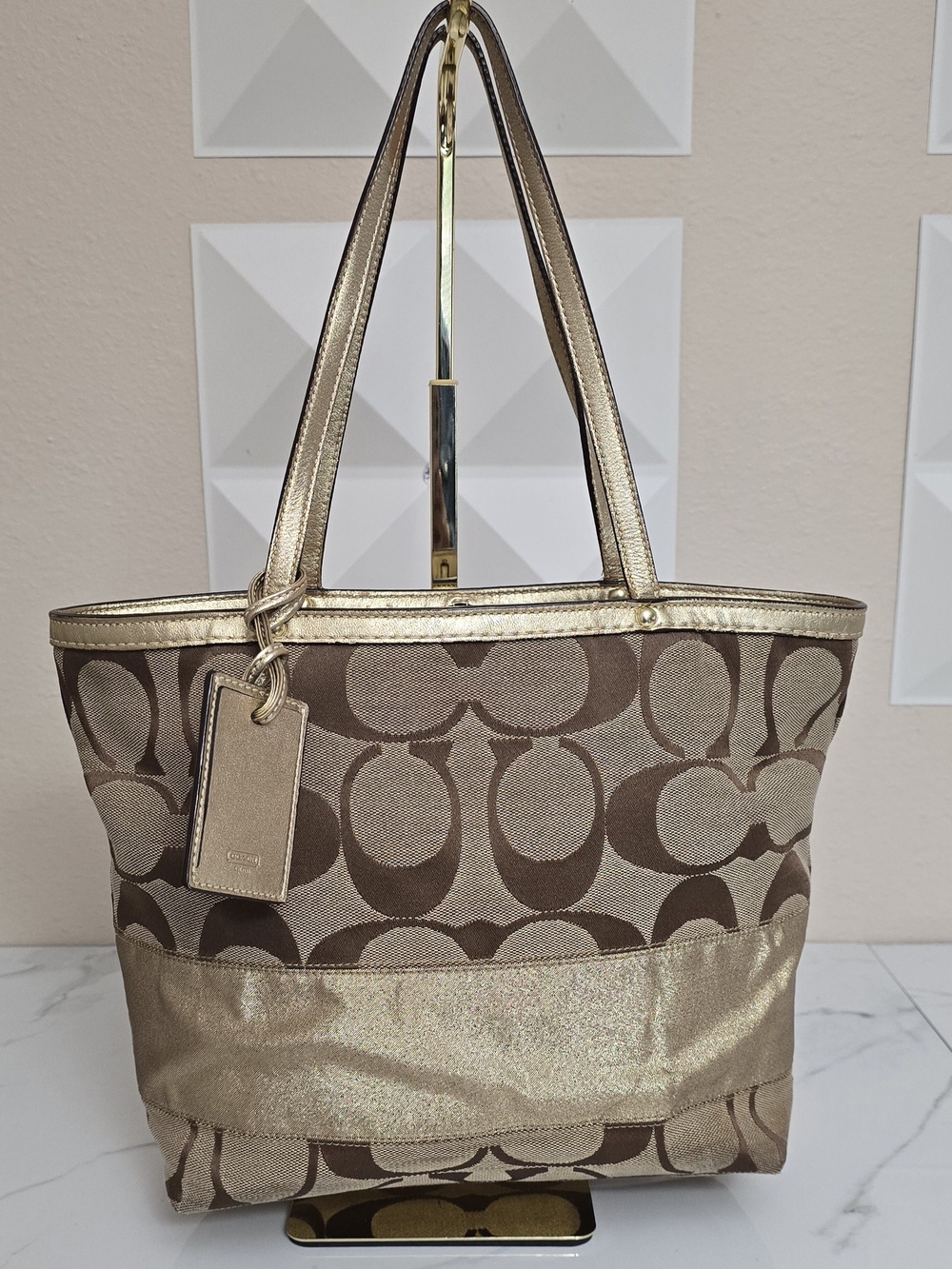 Vintage Coach Signature Stripe Gold Metallic Tote Bag Brown Khaki Canvas